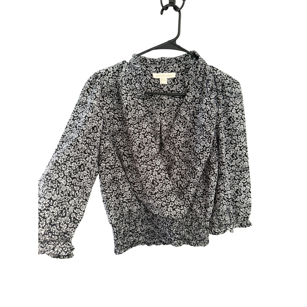 Monteau Los Angeles Black Floral Surplice Wrap Smocked Blouse 3/4 Sleeve Size L
